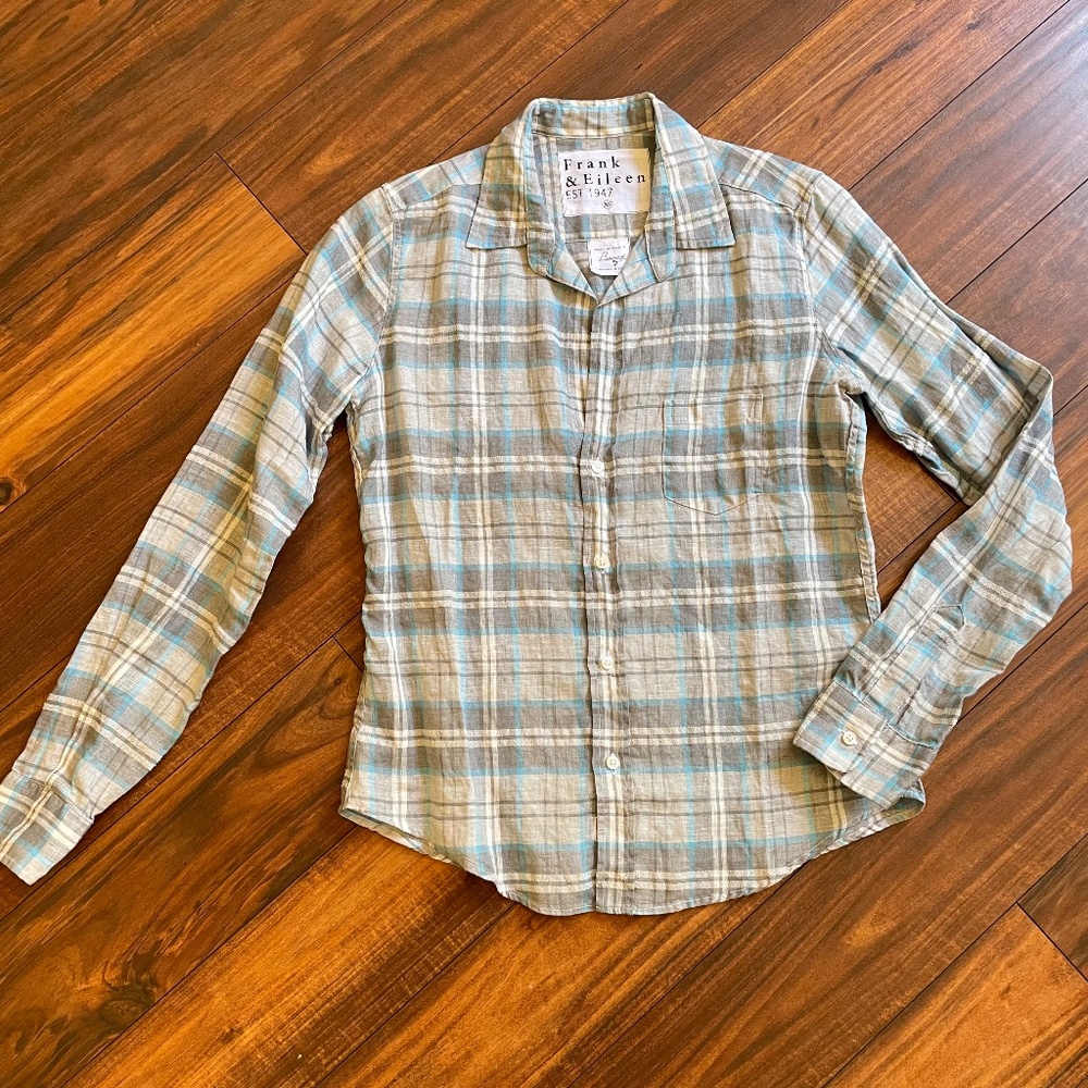 Frank & Eileen Linen Barry Linen Button Up Shirt Top XS Plaid $258